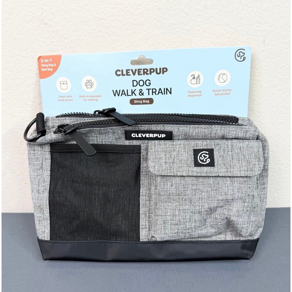 Cleverpup Dog Walk and Train Sling Bag - Hands-Free 2-In-1 Treat Pouch Gray